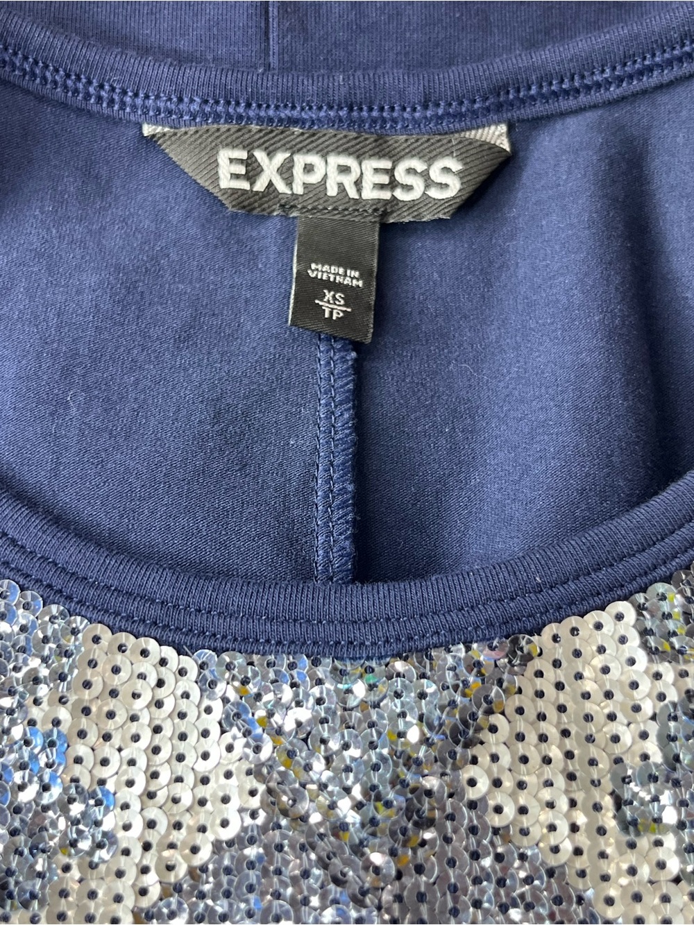 Express Sequin Aztec Bodycon Dress XS Navy Blue Racerback Stretch Mini - Picture 9 of 10